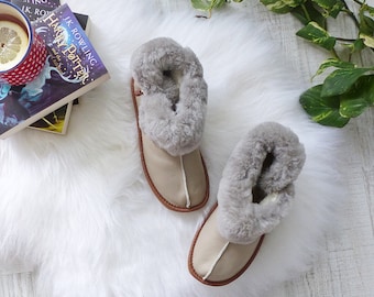 Handgemaakte leren en wollen slippers, warme winterschoenen
