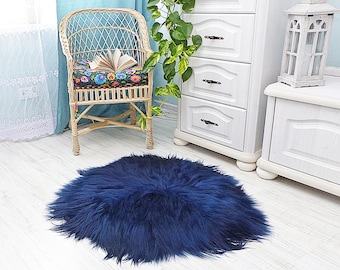 Natural Round Sheepskin Fur Blue Carpet Icelandic Sheep Skin Lambskin Area Rug, Sheepskin Round Rug, Animal Theme Nursery Room, Cozy Spaces