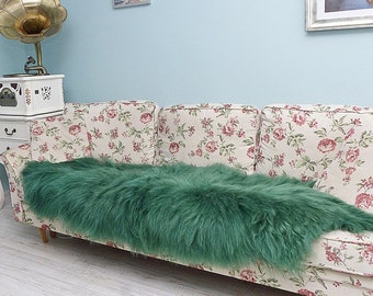 Double Green Sheepskin Rug, Genuine Leather, Bottle Green Home Decor
