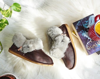 Real LEATHER Boots, Natural WOOL Slippers, Built Up Winter Boots, Ankle-High Boots Warm Shoes For Her, Women's Slippers, Comfy Wool Boots