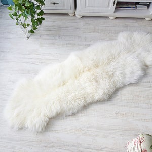 White Double Natural Sheepskin Rug,Real Lambskin Runner Carpet, Natural White Sheepskin Sofa Cover, Fluffy Sheepskin Bedspread, Rustic Decor