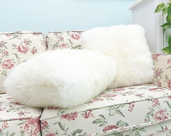 Creamy White Sheepskin Fur Pillow, Winter Home Decor