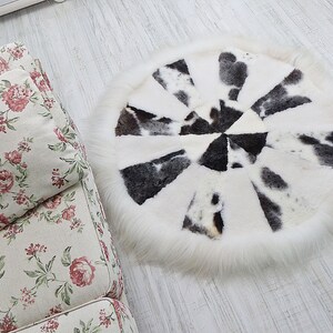 Patchwork Round Carpet, New House Gift Natural Sheepskin Area Rug, Boho Style Gift Floor Decorating,Polish Wool Warm Blanket Farmhouse Decor
