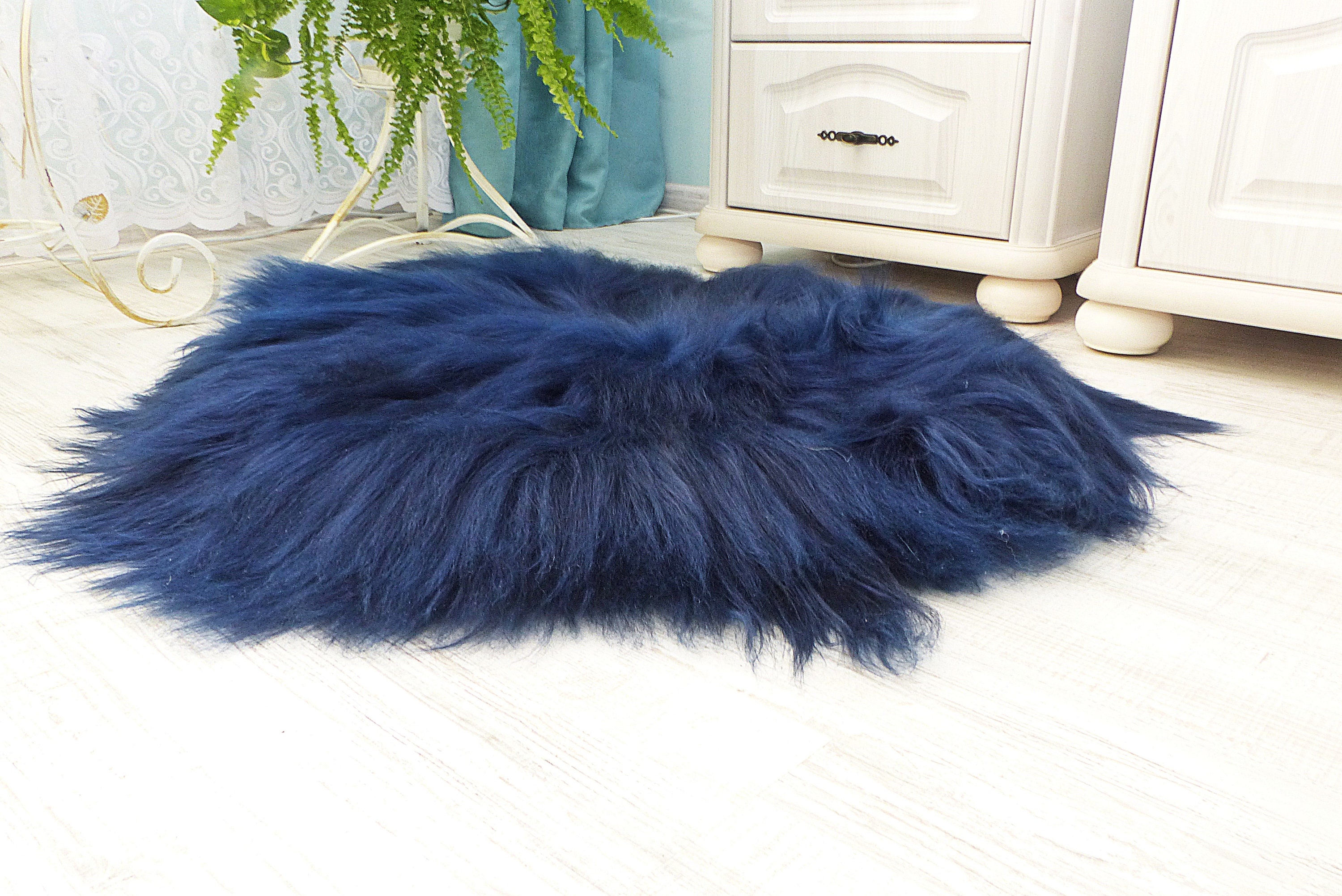 Navy Blue Sheepskin Round Rug Real Sheepskin Carpet Etsy