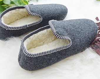 May include: A pair of dark gray felt slippers with a soft, cream-colored interior. The slippers have a stitched trim around the opening and are set on a white, fluffy surface. The overall theme is comfort and relaxation.