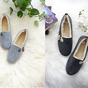 Felted Wool Slippers: Women's Fur Ballerina Slippers, Adjustable Button