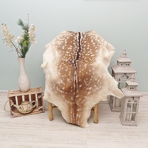 May include: A natural deer hide rug featuring a tan and white spotted pattern with a dark brown central stripe. The hide is draped over a chair, accompanied by a white vase with floral stems, a small wooden crate, a teapot, and two lanterns.