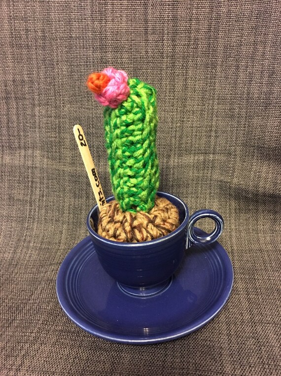 Fiestaware tea cup with mini handmade crocheted cactus
