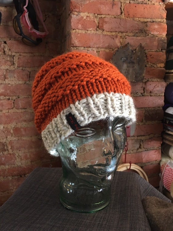 Pontail messy bun handknitted hat beanie Fox inspired toque cream orange black