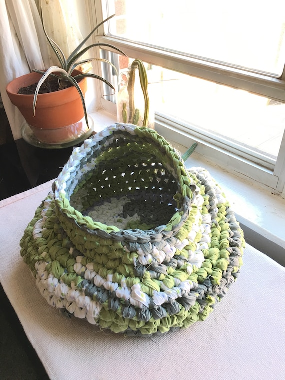 Hand crocheted upcycled rag pet bed cat small dog