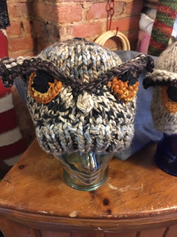 Hand knitted owl hat for kids and most adults!