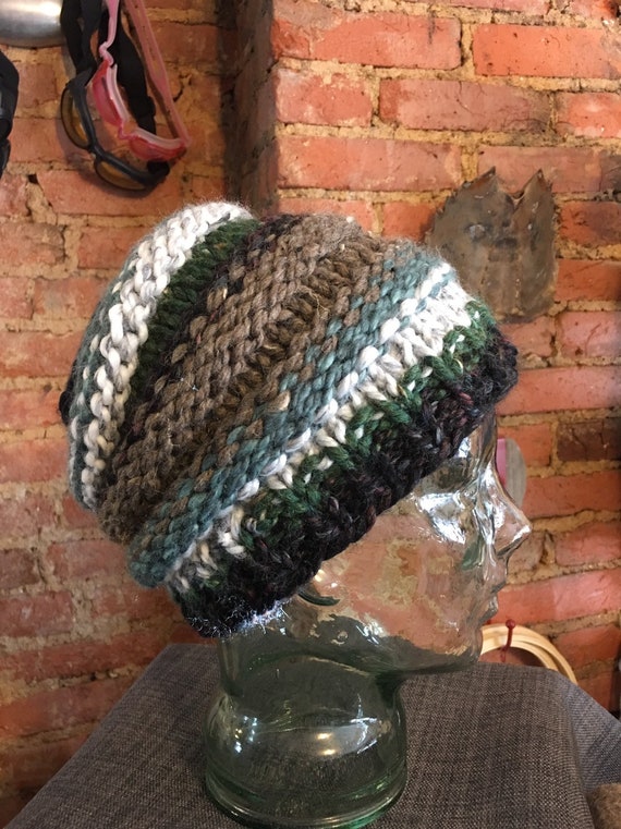 Pontail messy bun handknitted hat beanie toque green black grey