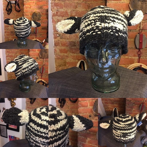 Handmade knit zebra hat beanie skull cap black and white