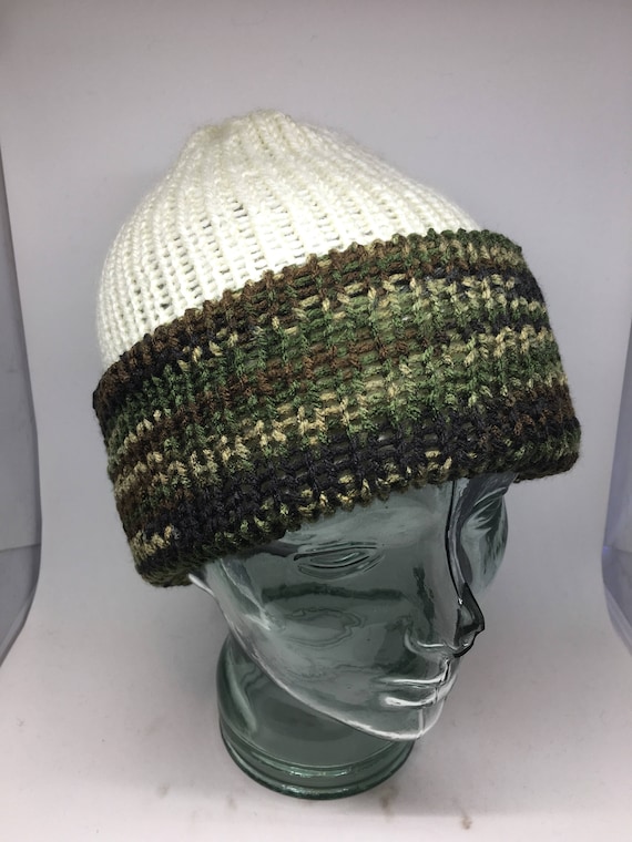 Slouchy reversible camouflage /camo and cream hand knitted hat