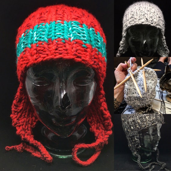 Hand knitted chunky ear flap hat one size fits most adults and older kids