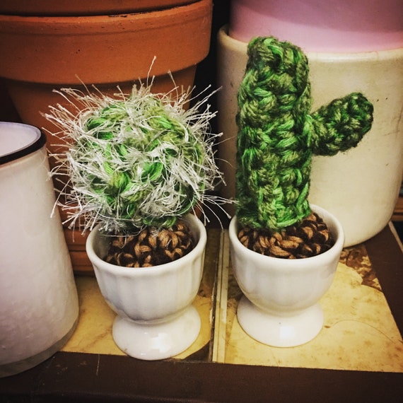 Pair of cute crocheted cacti handmade of mixed fibers in a little tiny egg cup