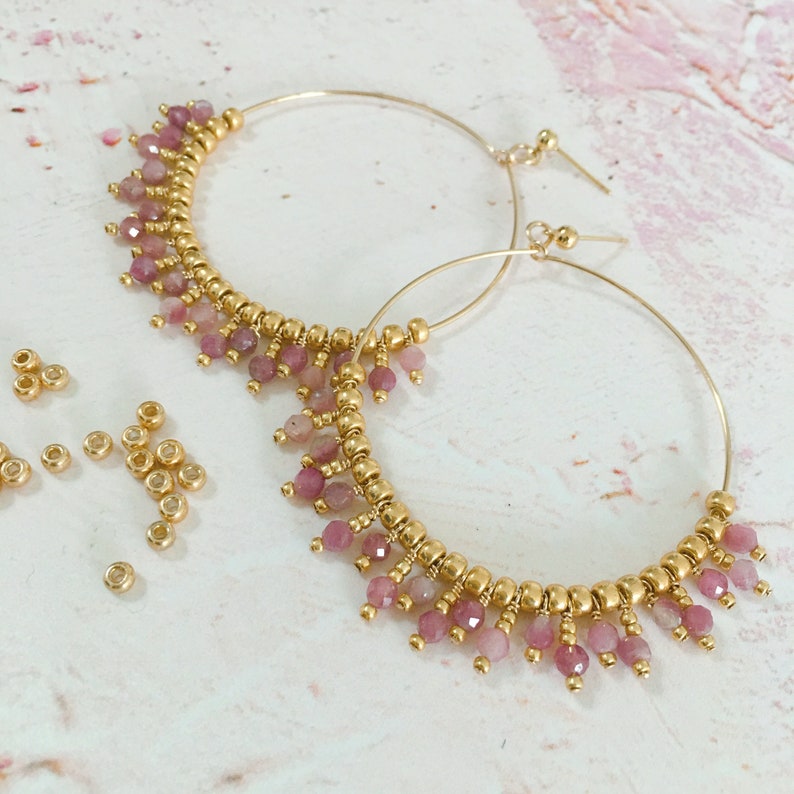 14k Gold Filled /& Pink Tourmaline Gemstone Beaded Hoop Earrings