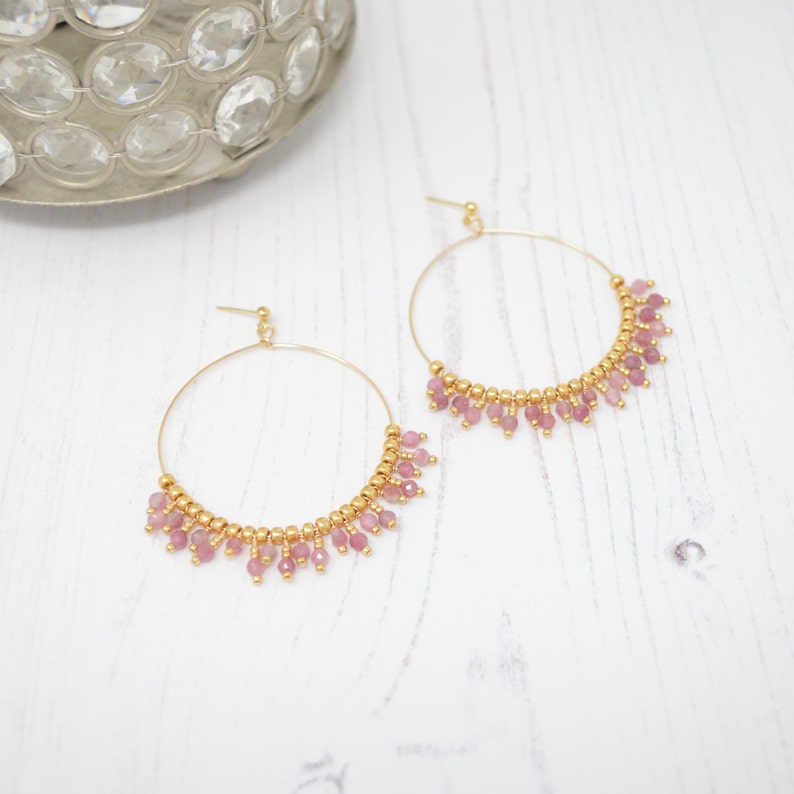 14k Gold Filled /& Pink Tourmaline Gemstone Beaded Hoop Earrings