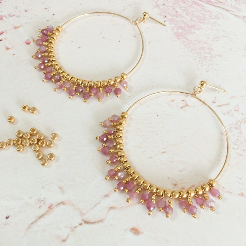 14k Gold Filled /& Pink Tourmaline Gemstone Beaded Hoop Earrings
