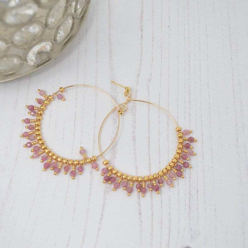 14k Gold Filled /& Pink Tourmaline Gemstone Beaded Hoop Earrings