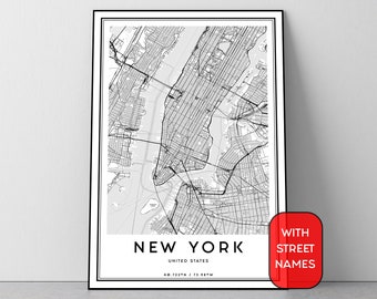 New York Map Print Manhattan Wall Art Street Poster Black And White City Digital