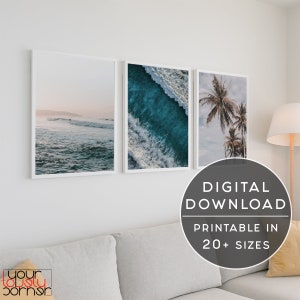 Coastal Wall Art Set Of 3 Prints, Printable Wall Art Set Of Three Prints, Beach Prints, Ocean Wave Print, Tropical Print Set, Surf Print Set