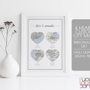 4 Hearts Map Print, Hello Will You I Do, Our Love Story Print, Met Engaged Married, Special Dates Map, Gift For Couple, Hello Will You I do