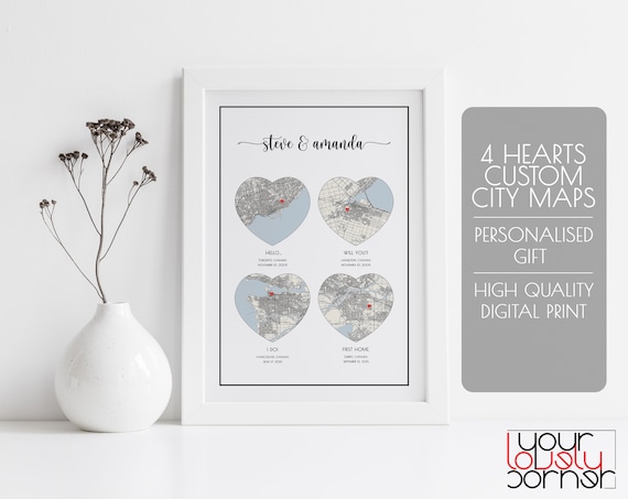 4 Hearts Map Print, Hello Will You I Do, Our Love Story Print, Met Engaged Married, Special Dates Map, Gift For Couple, Hello Will You I do