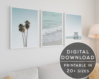 Conjunto de impresión de playa de 3 impresiones, arte de pared imprimible costera, impresión de ola de océano, conjunto de arte de pared de la galería de tres impresiones, 3 piezas de arte de pared