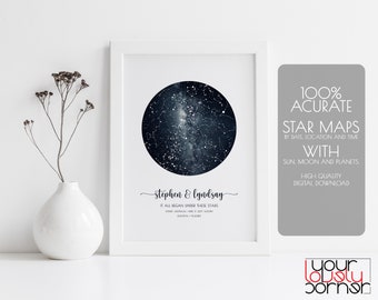 May include: A printable digital download of a star map showing the night sky on a specific date, location, and time. The map includes the sun, moon, and planets. The text "stephen & lyndsay" and "IT ALL BEGAN UNDER THESE STARS" is included on the map.