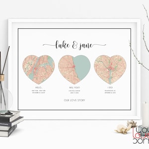 Hallo will sie ich tun, drei Herz Karte Drucken, traf verlobt verheiratet, erste Jahrestagsgeschenk für Paar, 1. Jahrestagsgeschenk, personalisierte Geschenk