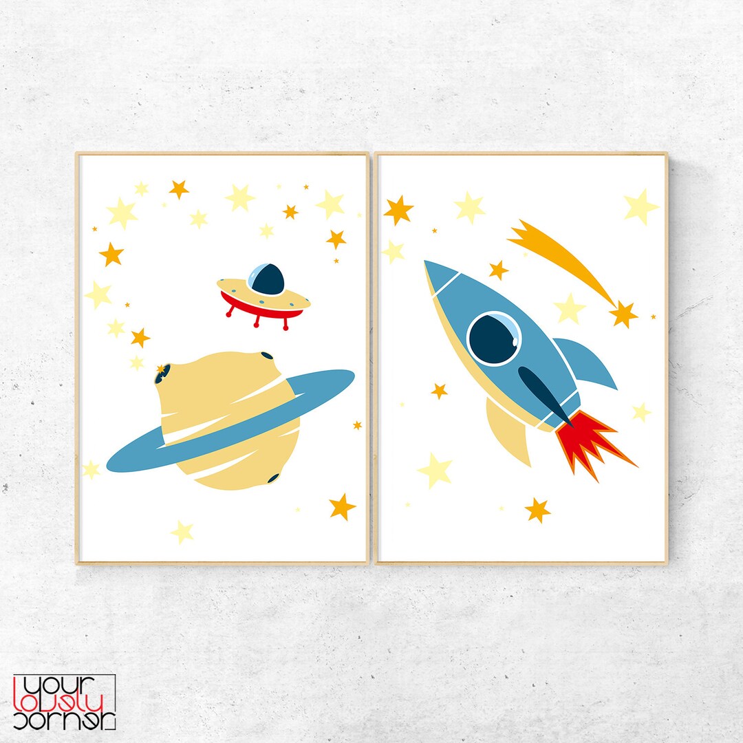 Outer Space Nursery Wall Art, Rocket Ship, Set of 2, Kids Space Decor ...