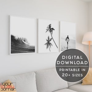 Surf Print Set of 3 Prints, Palm Print, Ocean Wave Print, Coastal Wall Art, Black And White Gallery Wall Set, 3 Piece Wall Art, Beach Print