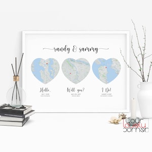 Hello Will You I Do Custom Map Digital Print, Three Heart Map Print, Met Engaged Married, 3 Heart Map Gift