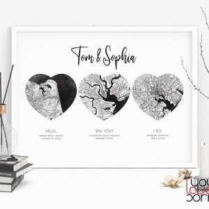 Our Love Story Met Engaged Married 3 Heart Map Digital Print, Hello Will You I Do First Anniversary Gift For Couple, Custom Map Gift