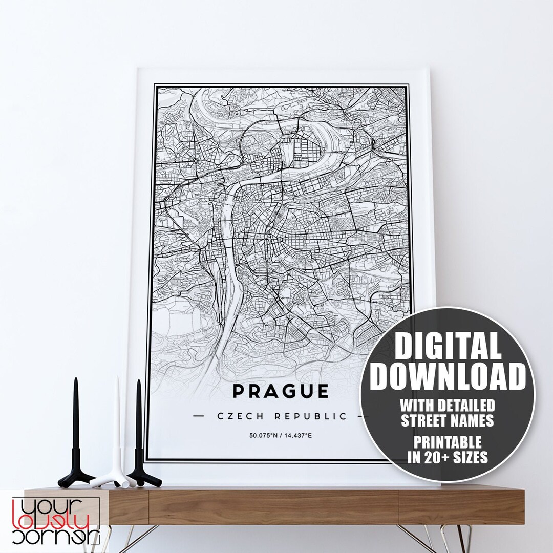 Prague Map Print, Prague Map Gift, Prague Map Poster, Printable Map of Prague Wall Art, Prague ...