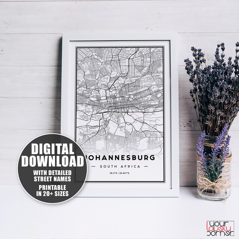 Johannesburg Poster Travel Map Print Johannesburg Gift Etsy