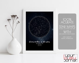 May include: A framed star map print with a dark blue background and a circular constellation design. The text "It was written in the stars" is at the bottom, along with location and date details. Additional text on the right side reads "100% Accurate Star Maps".
