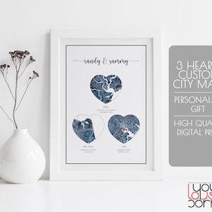 Bonjour voulez-vous que je fais 3 Hearts Map Print, met engaged married map gift wall art, special dates carte cadeau pour les couples, notre signe histoire d’amour