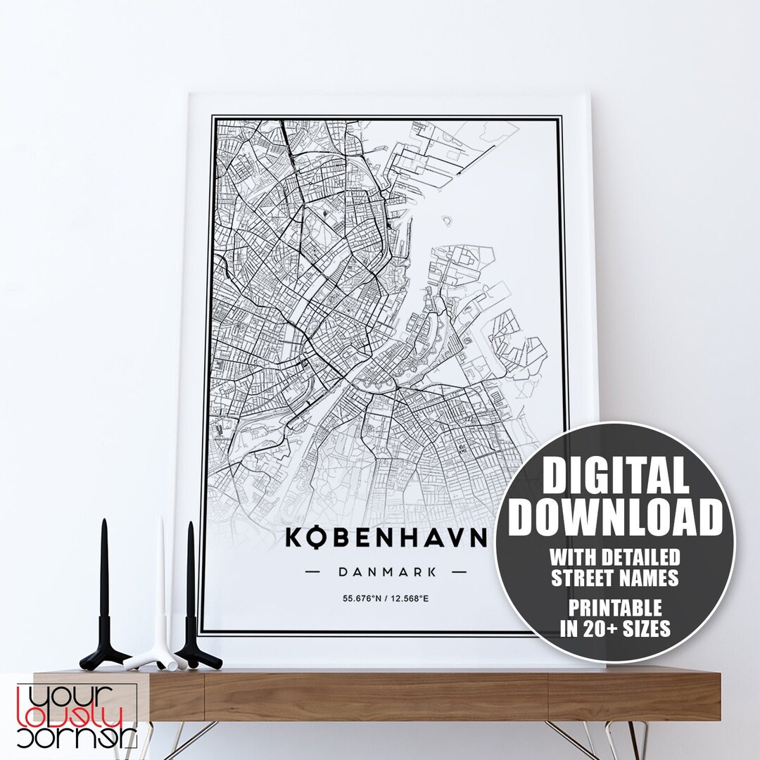 Copenhagen Map Print, Printable Map of Copenhagen Wall Art, Copenhagen, Copenhagen City Map ...