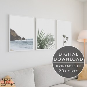 May include: Three framed prints of coastal scenes. The first print shows a rocky coastline with waves crashing on the shore. The second print features a close-up of palm fronds. The third print shows three palm trees against a white background. The text "DIGITAL DOWNLOAD PRINTABLE IN 20+ SIZES" is visible below the prints.