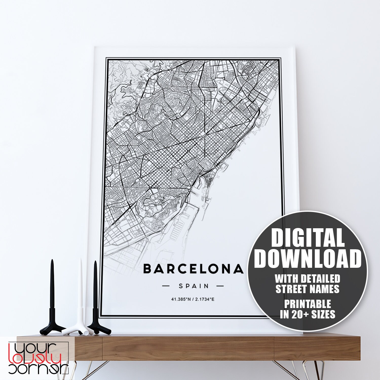 Barcelona Map Print Printable Map Of Barcelona Wall Art | Etsy