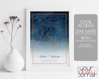 May include: A digital printable star map with a blue and gold watercolor background. The map shows the position of the stars, moon, and planets on a specific date and location. The text "stephen lyndsay" and "IT ALL BEGAN UNDER THESE STARS" is printed below the map. The text "SYDNEY, AUSTRALIA | APRIL 1, 2007 | 2:00AM" is printed below the text.