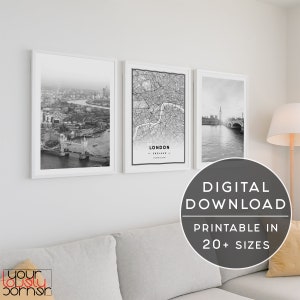 London Print Set Of 3 Prints, London Wall Art, London Printable Art, London City Print, Gallery Wall Art, London Travel Poster, London Map