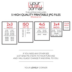 May include: A digital download listing for five printable JPG files of different aspect ratios, including 2x3, 4x5, 3x4, and 11x14. The listing also includes a table showing the corresponding dimensions in inches and centimeters for each ratio. The text "Your Lovely Corner" appears at the bottom of the image.