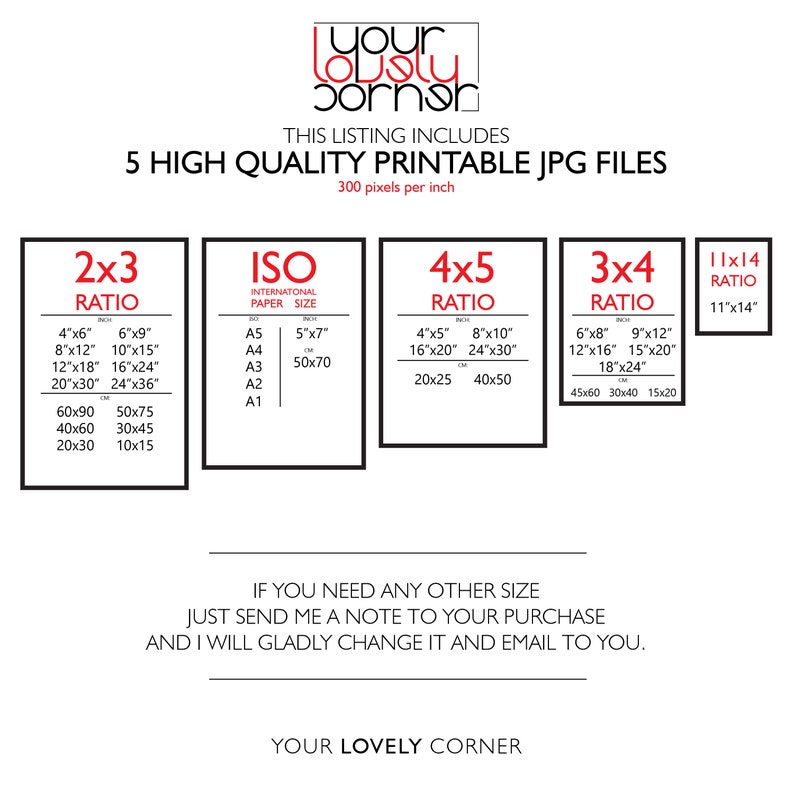 May include: A digital download listing for five printable JPG files of different aspect ratios, including 2x3, 4x5, 3x4, and 11x14. The listing also includes a table showing the corresponding dimensions in inches and centimeters for each ratio. The text "Your Lovely Corner" appears at the bottom of the image.