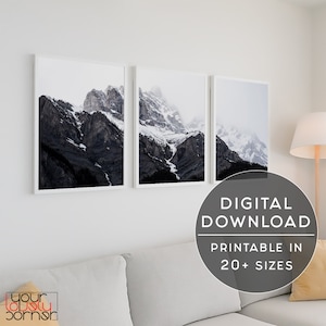 Mountain Wall Art Set Of 3 Prints, Nature Landscape Printable Wall Art, Instant Downloadable Prints, Black White Mountain Photography Prints