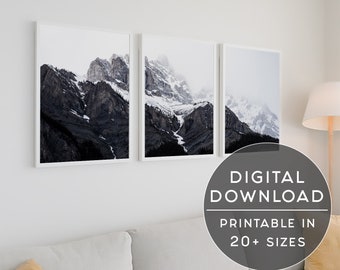 Mountain Wall Art Set Of 3 Prints, Nature Landscape Printable Wall Art, Instant Downloadable Prints, Black White Mountain Photography Prints