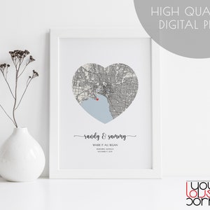 Carte personnalisée de coeur, où tout a commencé impression numérique, impression personnalisée de carte de coeur, cadeau d’anniversaire pour le couple