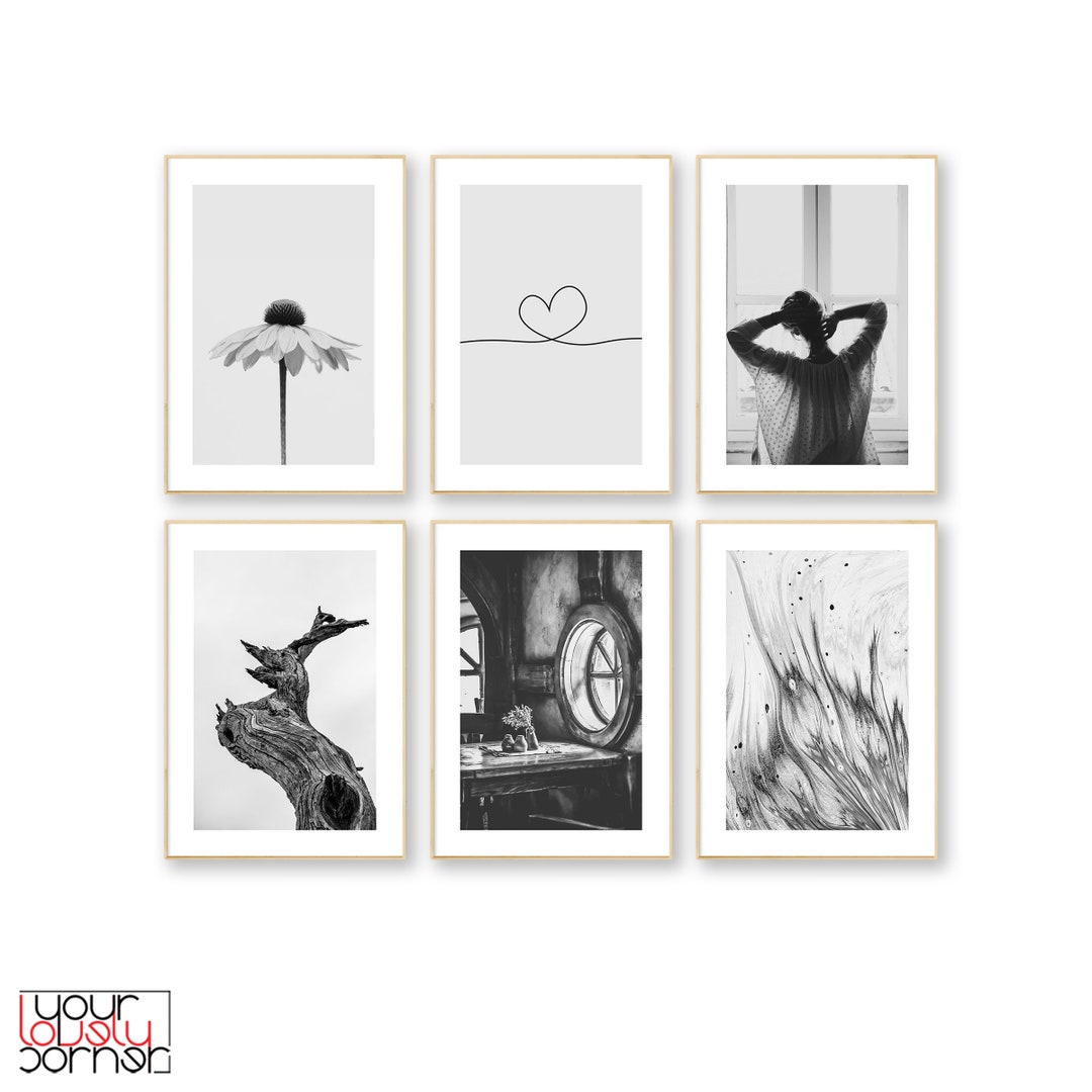 Black and White Set of 6 Prints, Minimalist Wall Art, 6 Piece Wall Art ...